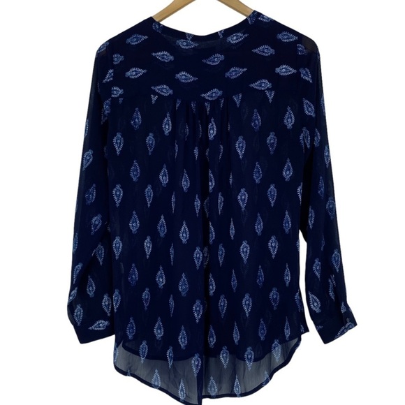 Lucky Brand Indigo Navy Blue Paisley Print BOHO LS Sheer Button Up Blouse Top, M - Picture 2 of 10